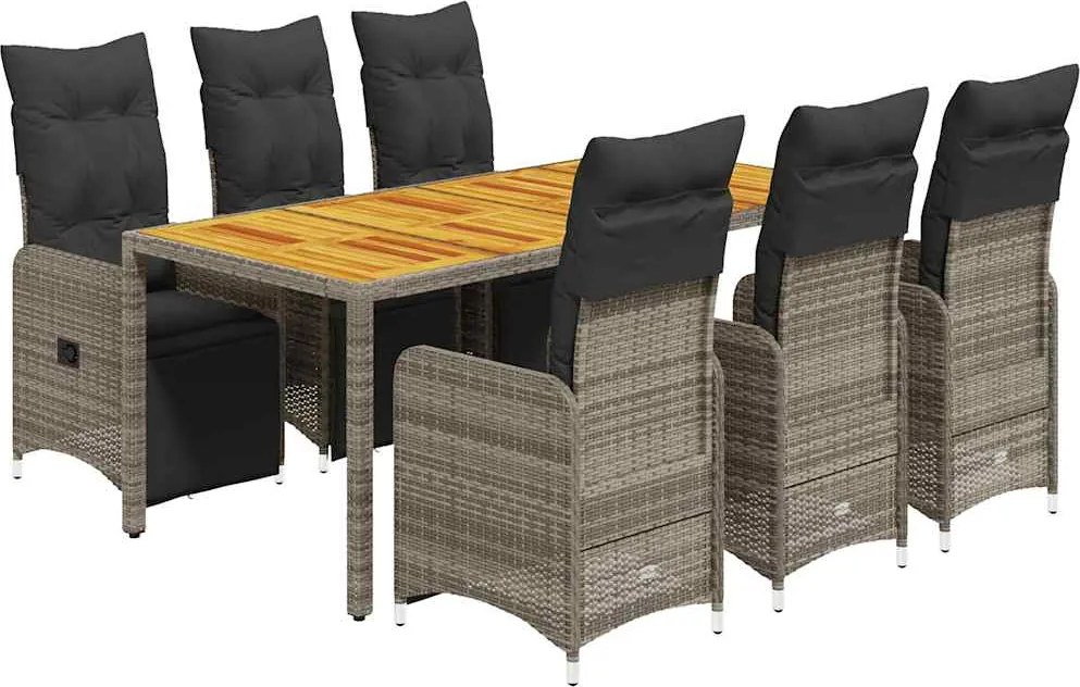 vidaXL 7 részes szürke polyrattan kerti bisztrógarnitúra párnákkal