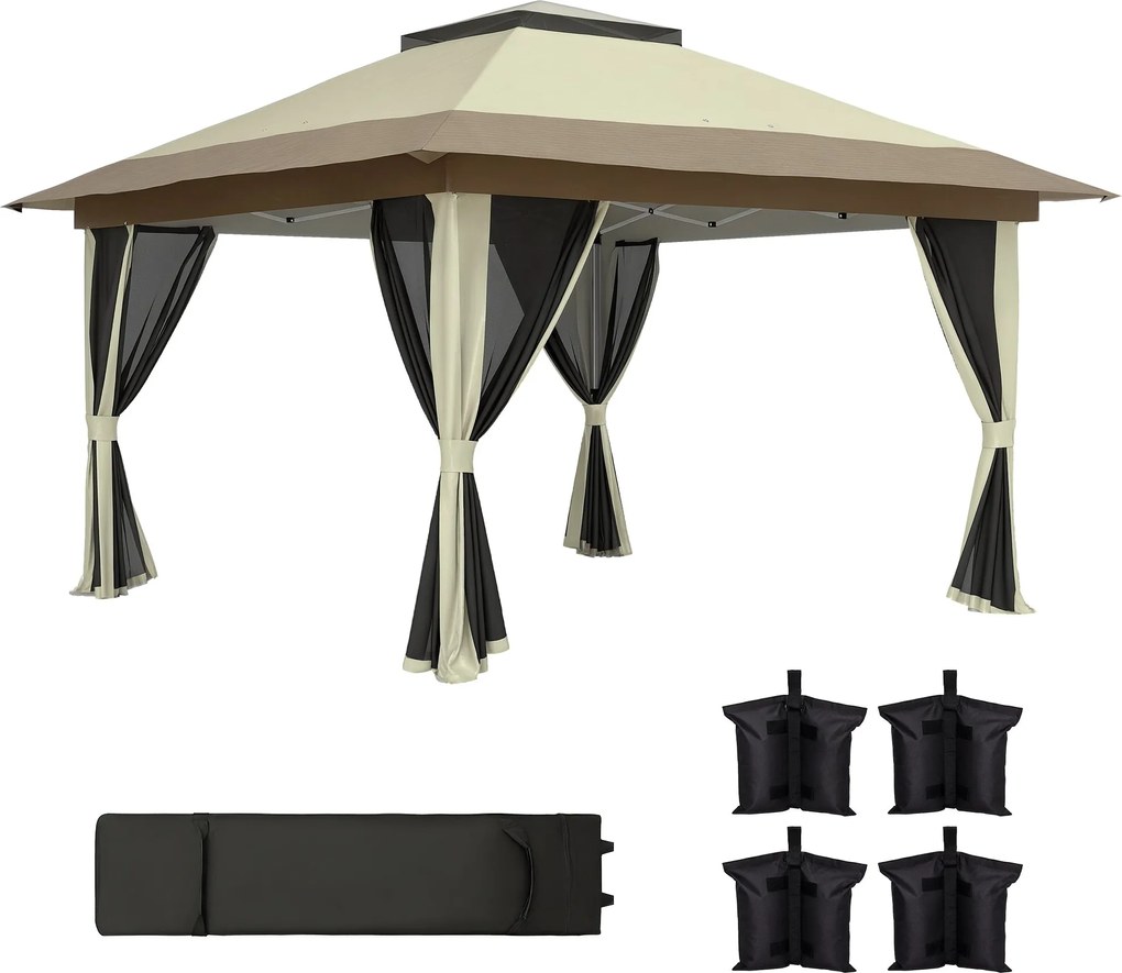 Outsunny Összecsukható Pavilon 3.6x3.6m Gyorsan Felállítható Napernyő 4 Hálós Oldalfallal UV Védelem Állítható Magasságú Homokzsákokkal és Hordozótásk