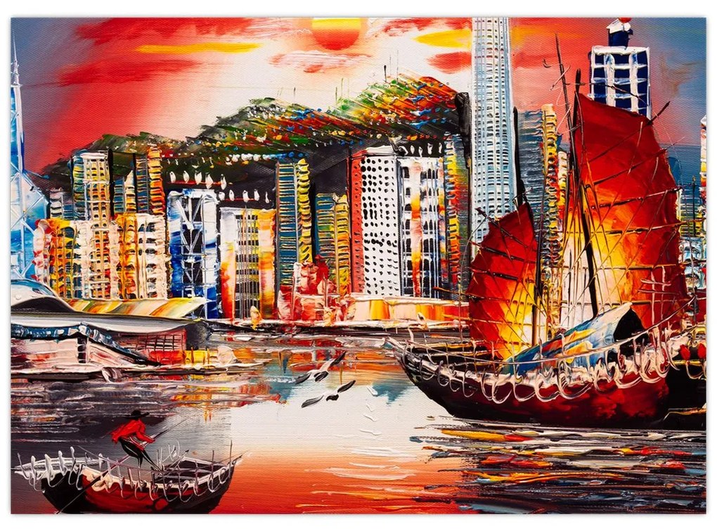 Kép - Victoria Harbour, Hong Kong, olajfestmény (70x50 cm)