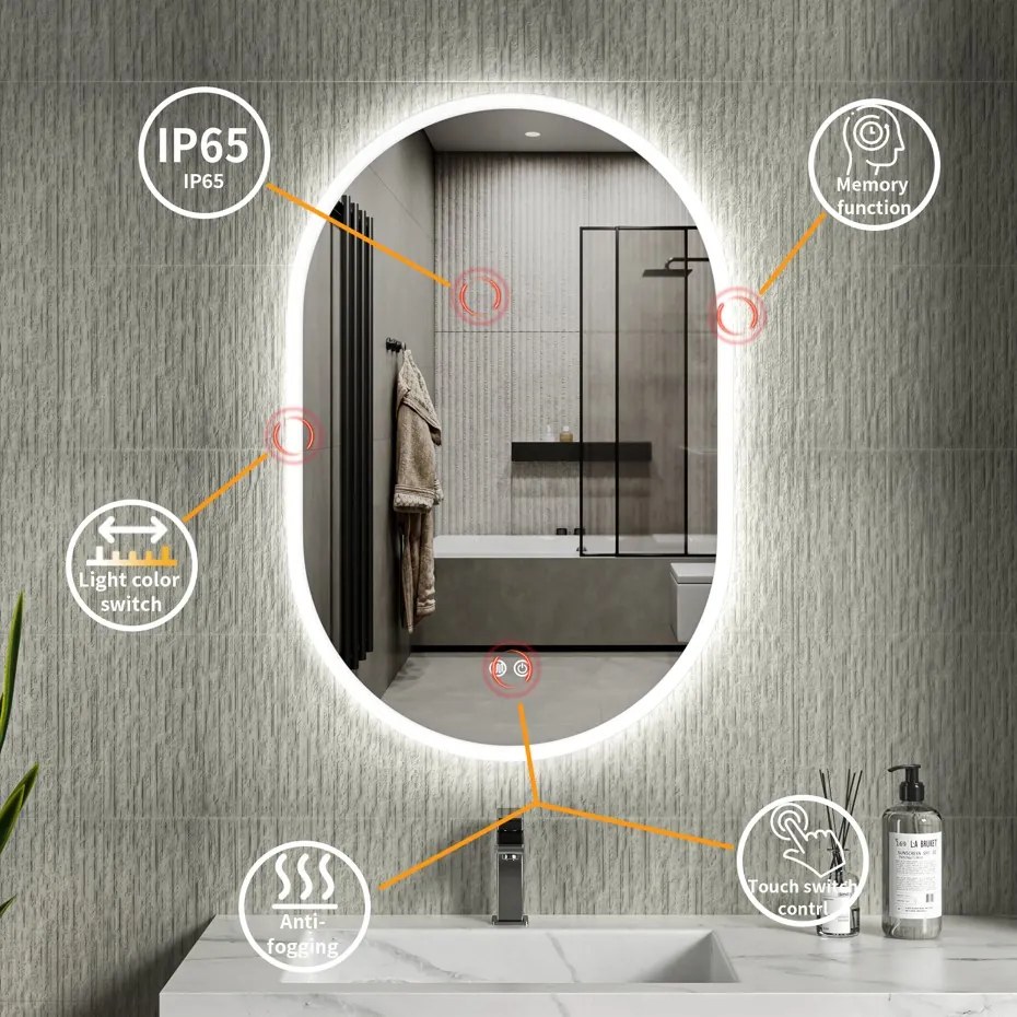 Erga Demi, ovális LED tükör 60x90cm, 3 színű fény, első világítás, páramentes fűtőbetét, ERG-V01-Demi-6090-CL