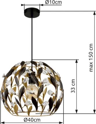 Globo 15759H Függőlámpa, fekete matt fém, aranyszínű fém, fekete patinázott, tiszta akril kristályok, fekete PVC kábel, ø: 400mm, M: 1500mm, 1x E27 40W 230V izzó nélkül