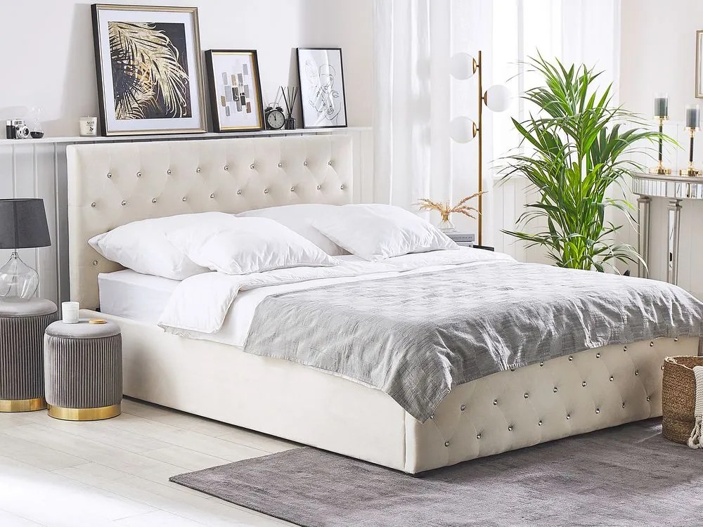 Franciaágy 180 cm AMESIA (bézs) (ágyráccsal és tárolóhellyel). 1023466