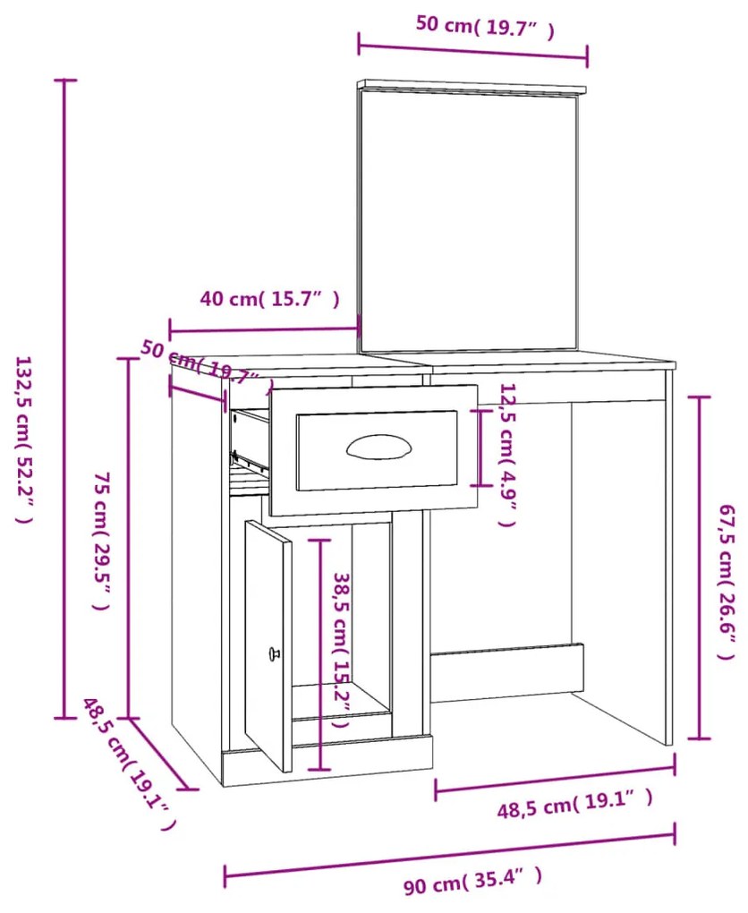 fekete szerelt fa pipereasztal tükörrel 90 x 50 x 132,5 cm