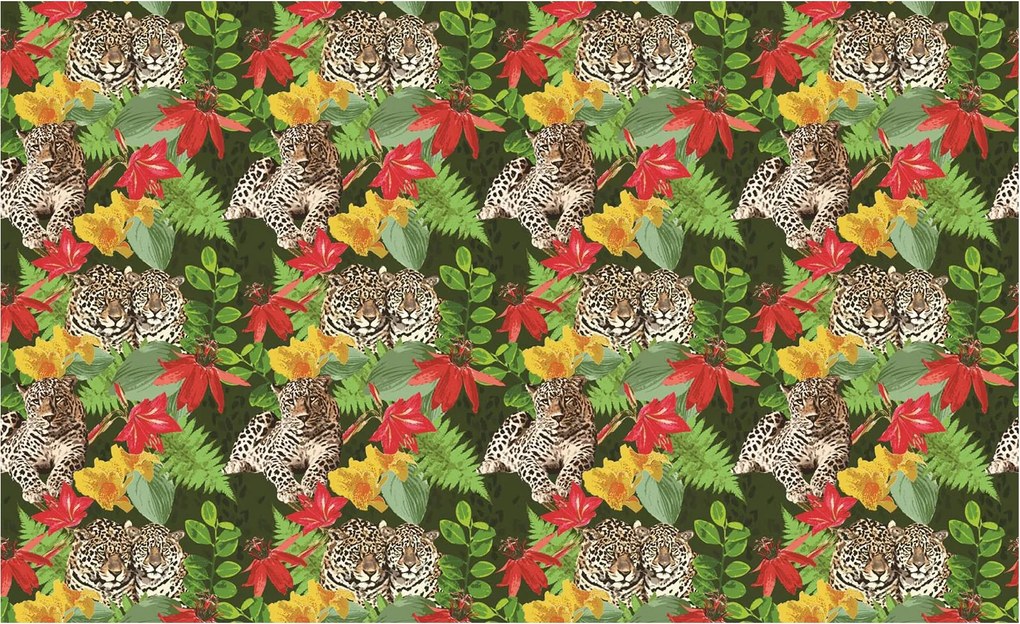 Fotótapéta flizelina Jaguar a trópusokon Levelek virágok zöld 416x254 +ragasztó
