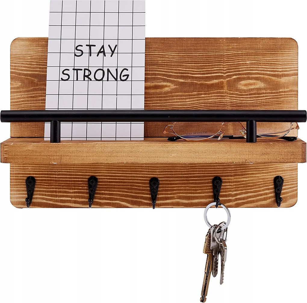 Fa Kulcstartó Dikom Polccal 5 Kampós Barna Loft Rusztikus