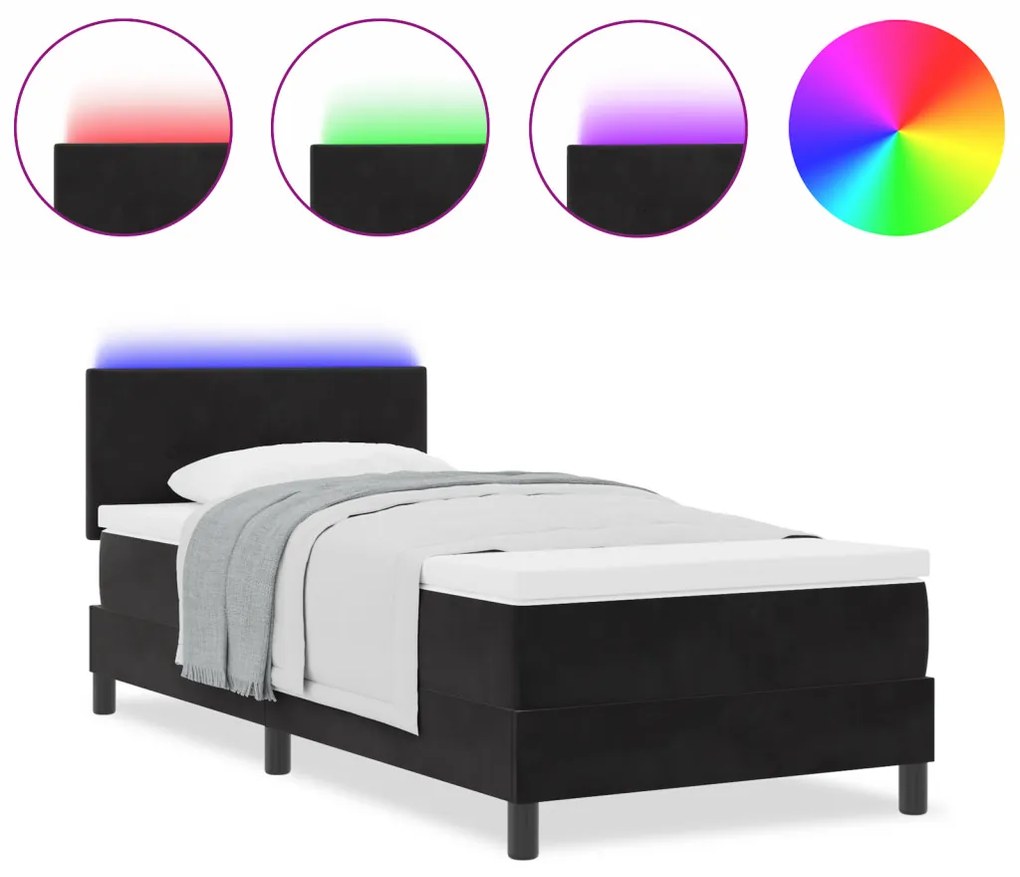 Boxspring Ágy Mattal és LED Fényekkel Fekete 90x200 cm Bársonyos