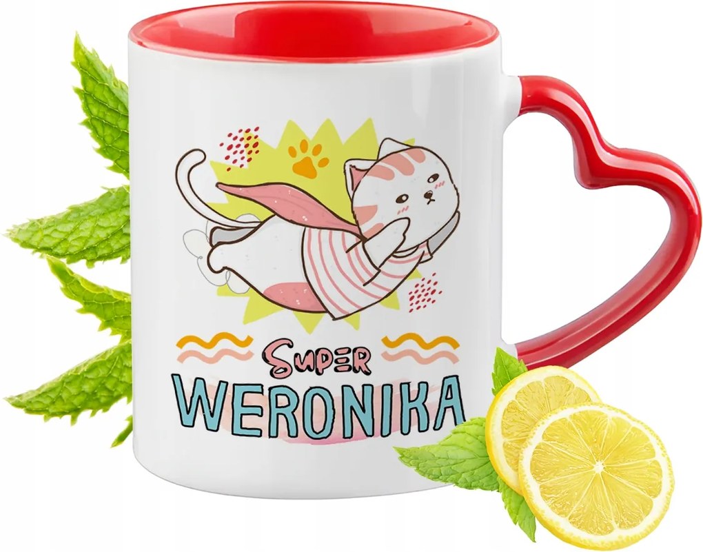 Piros bögre szív alakú füllel Veronikának Ajándék