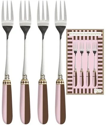 Rozsdamentes acél süteményes villa szett 4 db-os porcelán nyéllel díszdobozban Sweet Moments