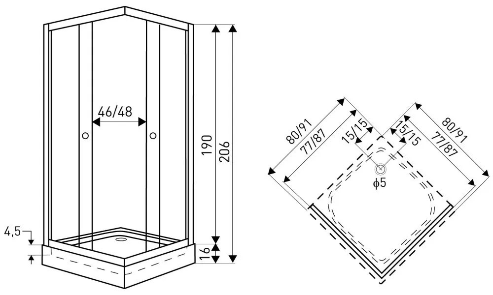 Madera 80x80 cm szögletes zuhanykabin tálca nélkül