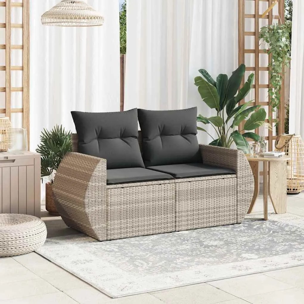 2 személyes világosszürke polyrattan kerti kanapé párnával