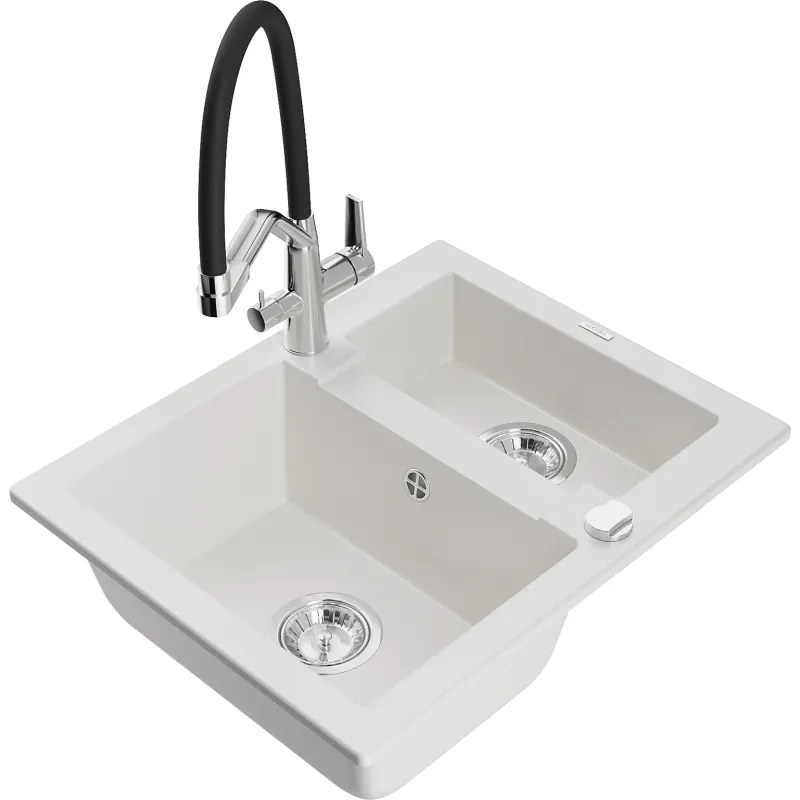 Mexen Carlos 1,5 medencés gránit mosogató Duo konyhai csapteleppel, fehér - 6518-20-671701-07