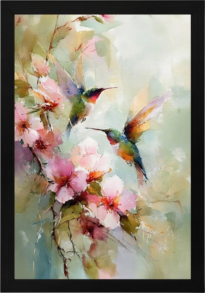 Poszter Keret Fa Akvarell Természet Virágok Madár Kolibri Boho 40x60