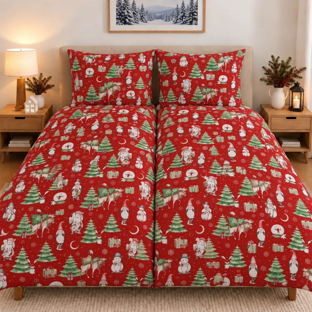 Karácsonyi Mikulás mintás pamut ágyneműhuzat TiaHome - 1x Párna 90x70cm, 1x Paplan 140x200cm