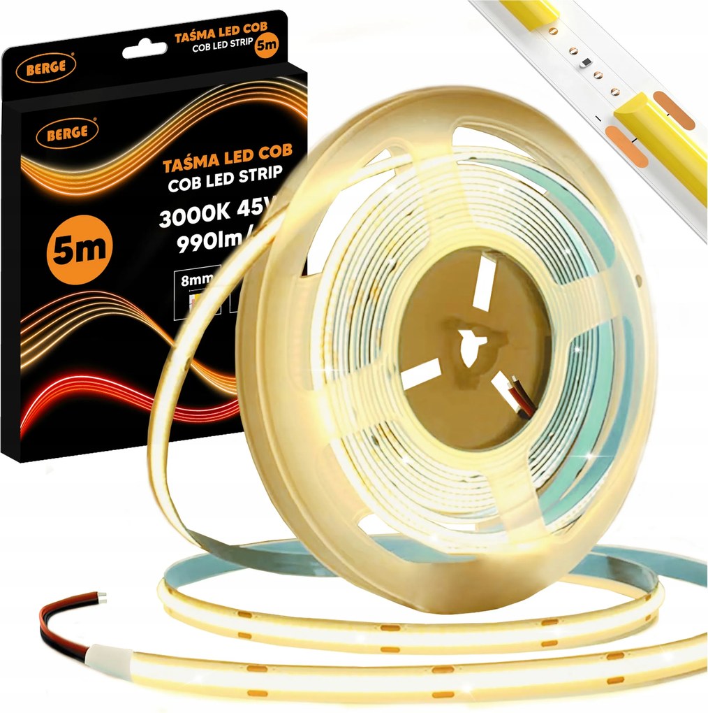Led szalag Cob Neon 12V 5m 9W/m 480 dióda 45W 3000K Meleg Erős 990lm/m 8mm