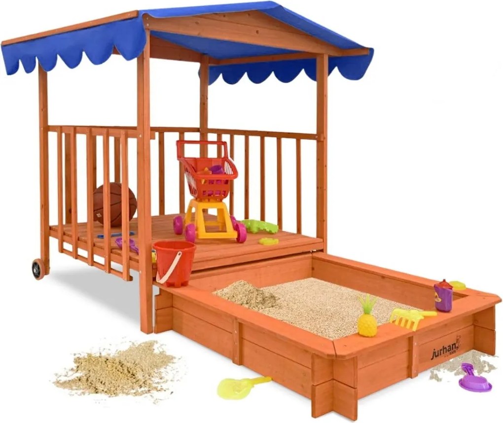 HAPPY verandás homokozó, 130x130x143cm, barna/kék Jurhan