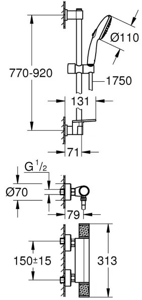 GROHE 34853001 - termosztátos zuhanycsaptelep PRECISION FEEL + 90 cm-es zuhanyszett, króm
