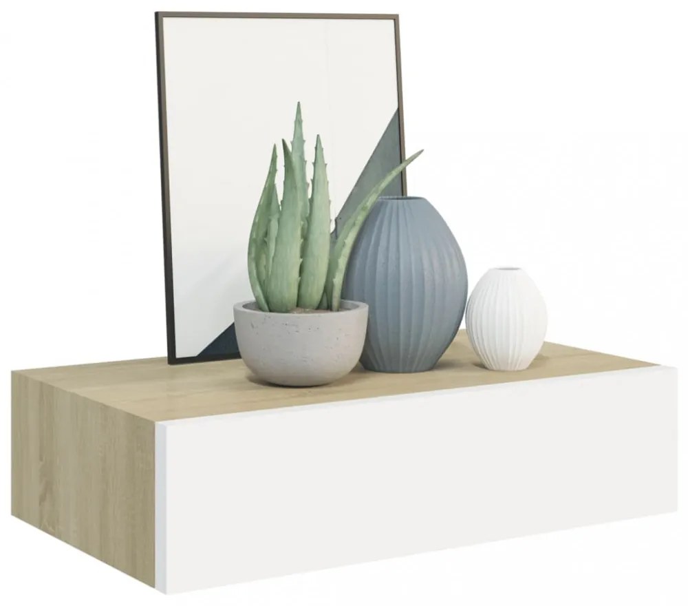 2 db tölgyszínű és fehér MDF fiókos fali polc 40 x 23,5 x 10 cm