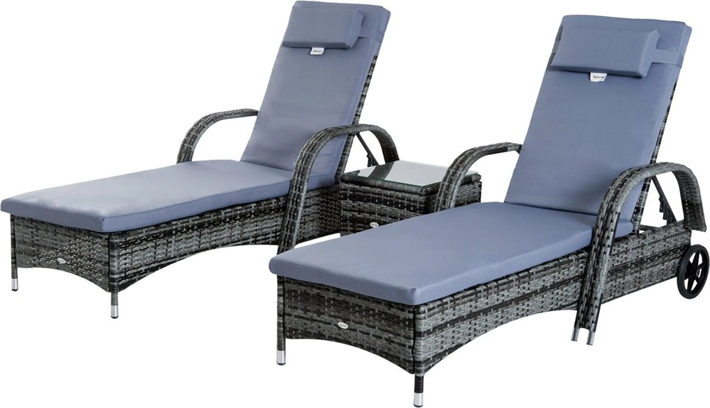 Outsunny Napozó Kert Pihenőasztal 3 Részes Készlet Kerti Bútor, Polyrattan + Fém Szürke | Aosom