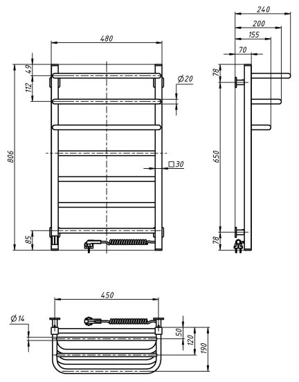 Fürdőszobai elektromos radiátor termosztáttal FORTIS 350W/230V 80,6 cm IP44 fehér jobb oldali
