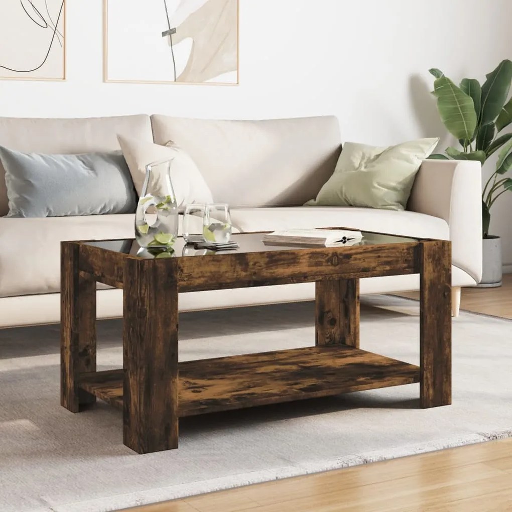 Füstös tölgy szerelt fa dohányzóasztal LED-del 93 x 53 x 45 cm