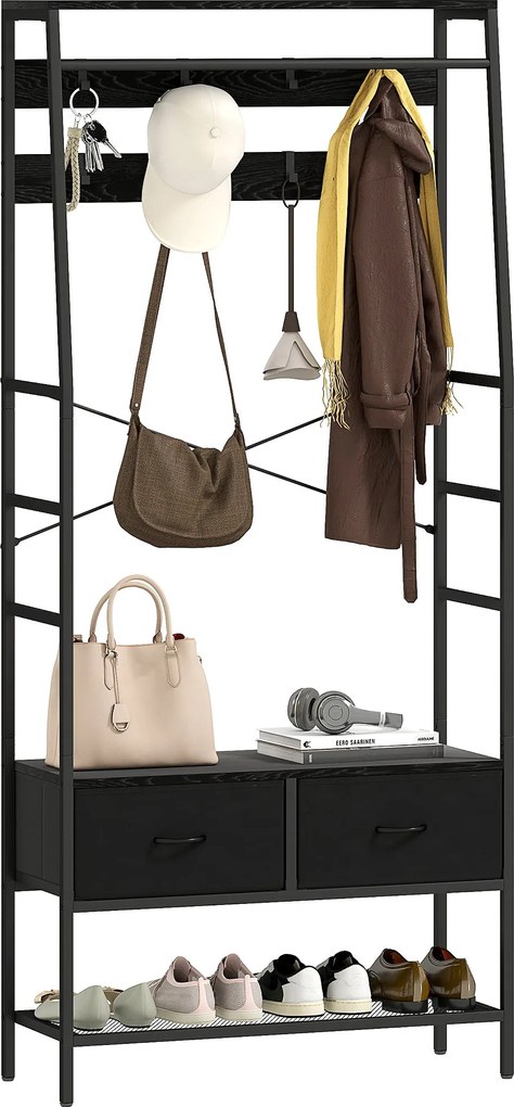 HOMCOM Kabáttartó, Ruhafogas Cipőtartóval, 2 Szövet Fiókkal, 8 Akasztóval Ellátott Kabátállvány, Polccal, Felborulás Elleni Védelemmel, Bejárathoz, El