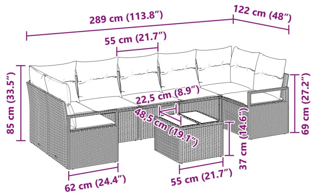 8 darabos Kert Sofa Szett Párnákkal Világosszürke Poli Rattan, 2-Személyes Kert Sofa Párnákkal Szürke Poli Rattan