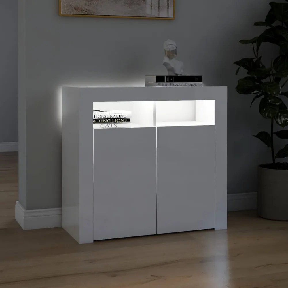 magasfényű fehér tálalószekrény LED-lámpákkal 80 x 35 x 75 cm