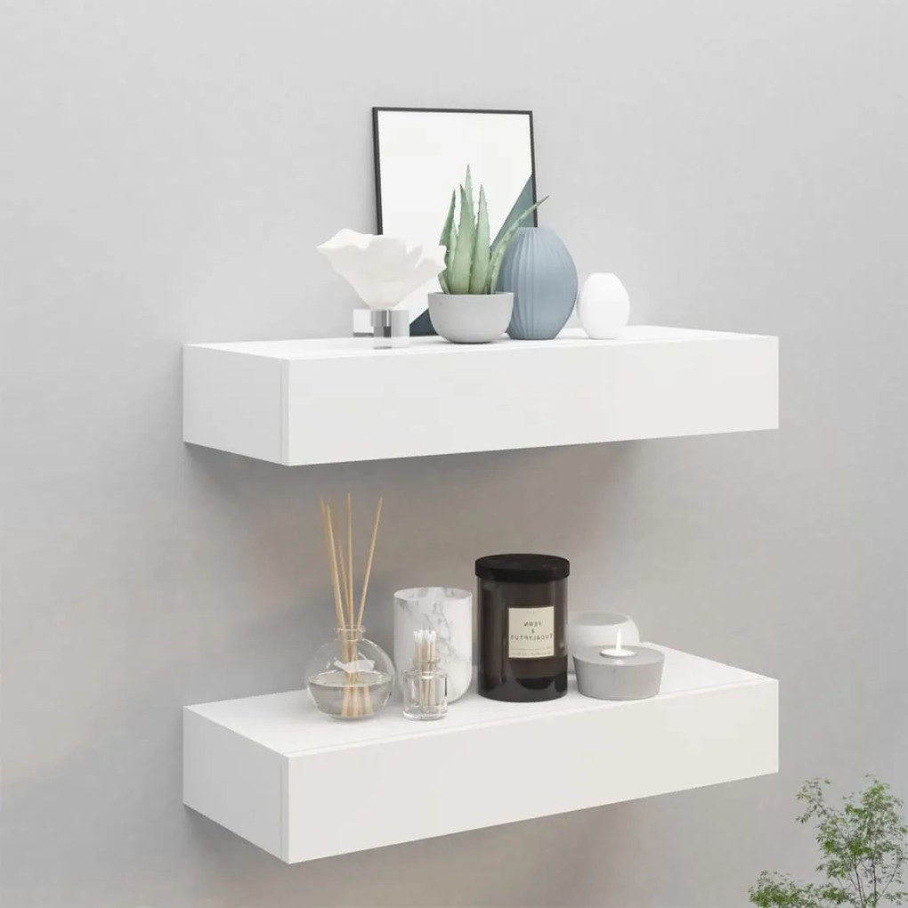 2 db fehér MDF falra szerelhető fiókos polc 60 x 23,5 x 10 cm