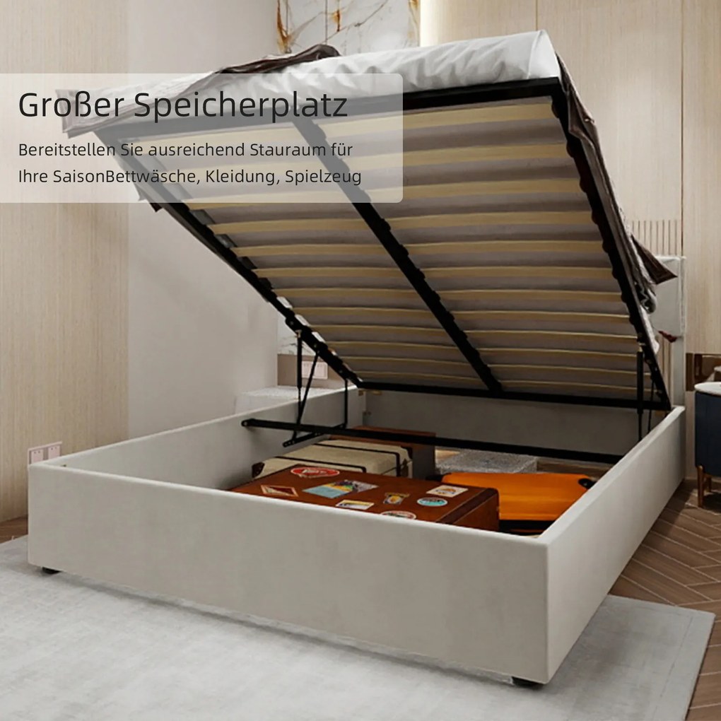 Kárpitozott ágy Franciaágy 160*200 cm Hidraulikus tárolás Bézs