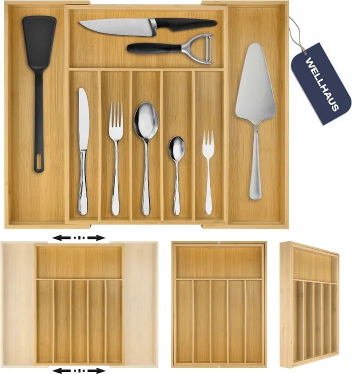 55 Cm-es Fiókbetét Kihúzható Evőeszköztartó Nagy Bambusz Fa Wellhaus