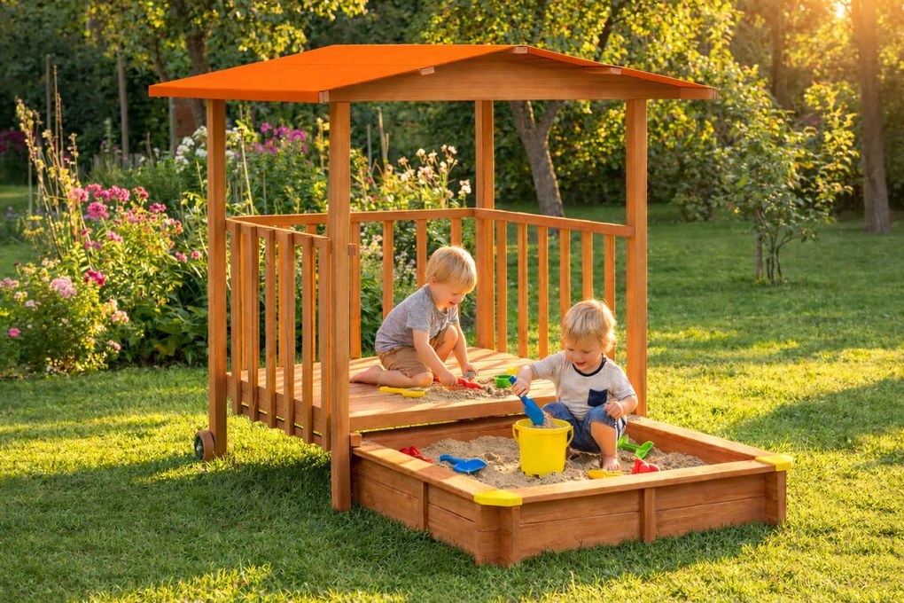 SUNNY verandás homokozó, 130x130x143cm, barna/narancssárga Jurhan