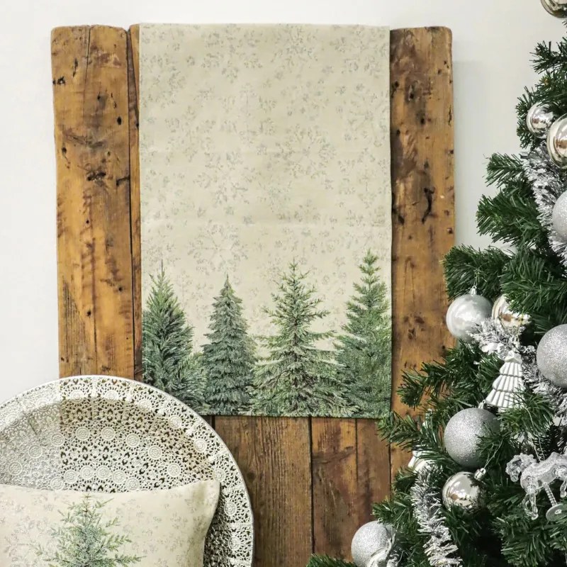 Ezüsfenyőerdős és hópehely mintás, ezüst lurexes gépi gobelin asztali futó, 44 x 140 cm