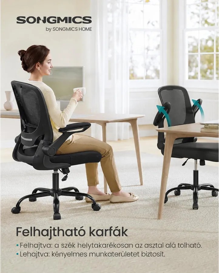 Irodai szék összecsukható karfákkal, ergonomikus számítógépes szék, fekete