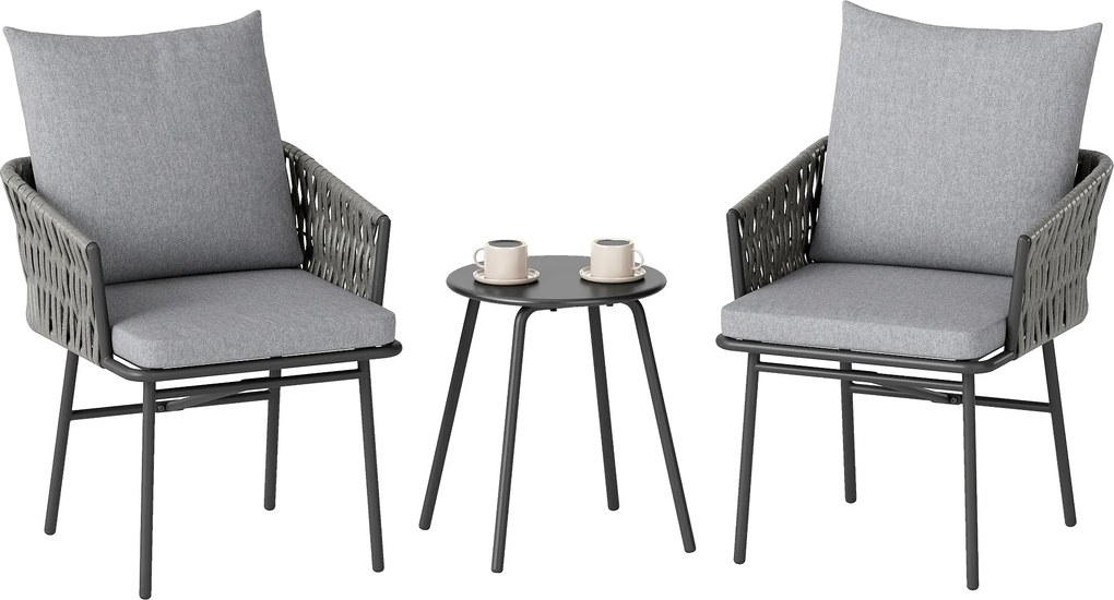 Outsunny 3 részes Rattan Bistro Szett, Ülőgarnitúra, Kert Bútor 2 Kerti Székkel, Kávézóasztal, Levehető Párnákkal, Erkély Bútor Szett Kerthez, Teraszh