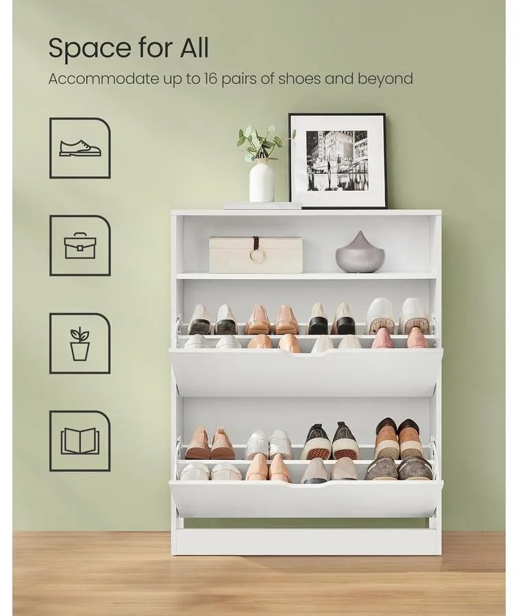 Cipősszekrény 2 billenőajtóval, 3 szintes cipőtartó, 24 x 80 x 102 cm, felhőfehér