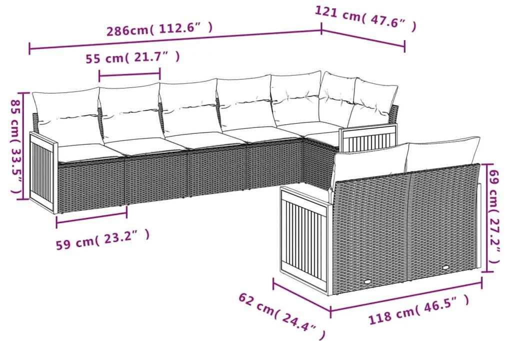 8 részes fekete polyrattan kerti ülőgarnitúra párnákkal