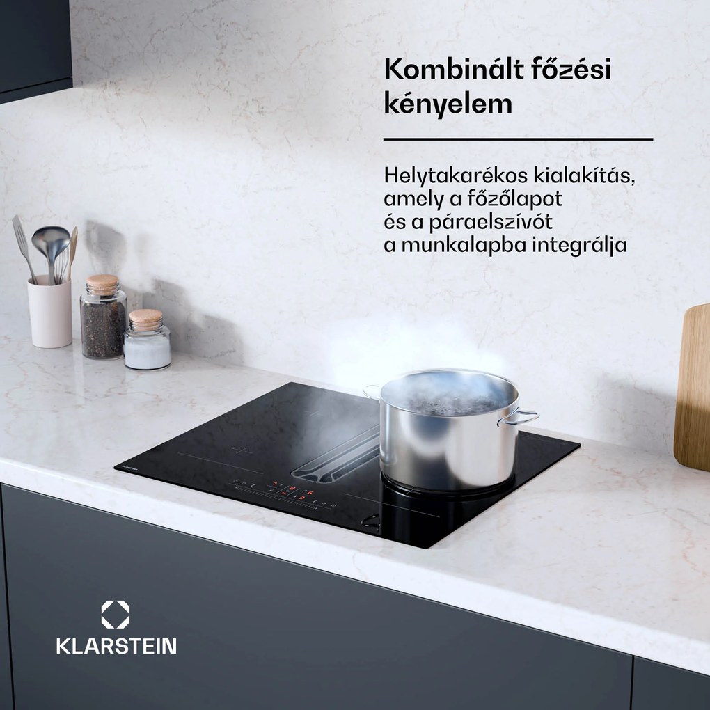 Klarstein AirJet Hybrid Down Air System, Indukciós főzőlap beépített páraelszívóval, 477 m³/h, EEK A+