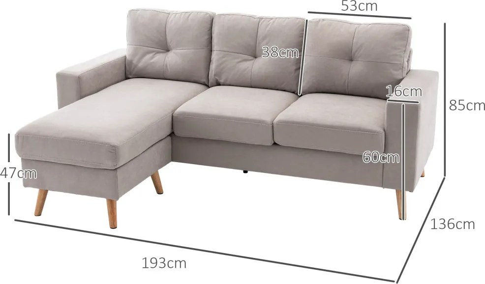 HOMCOM Sarokkanapé 3 személyes, vászonhatású, megfordítható heverő, világosszürke