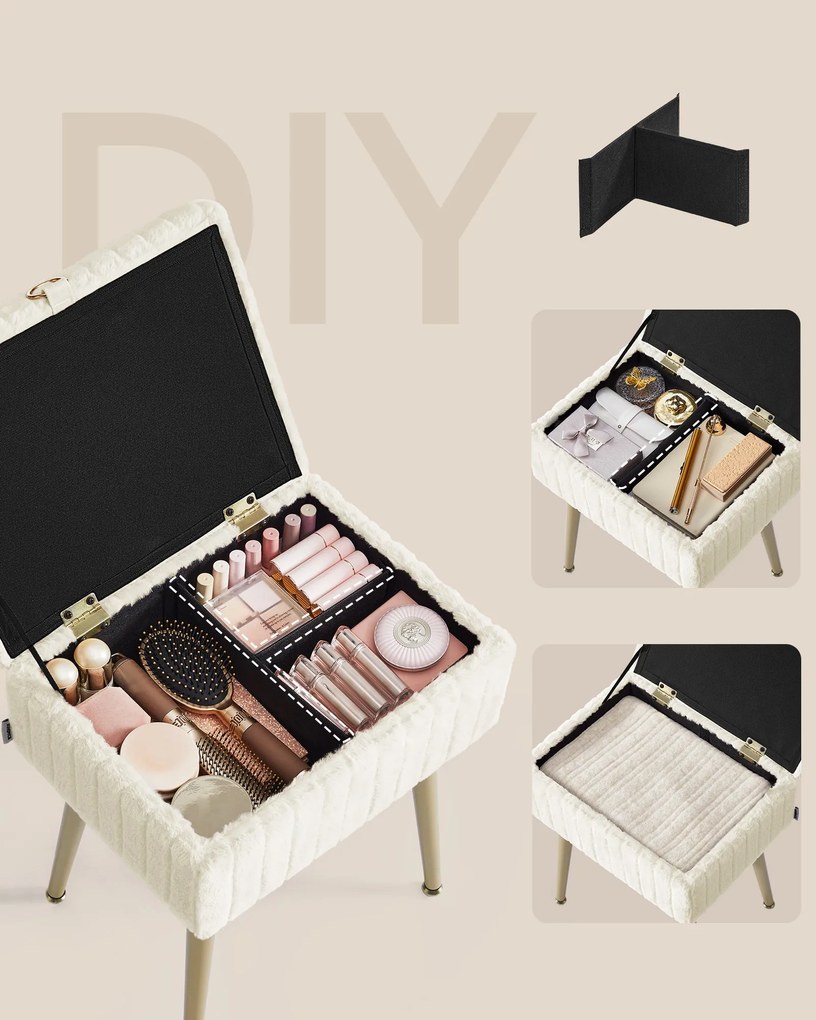 Téglalap alakú sminkasztal szék fém lábakkal, fehér színben