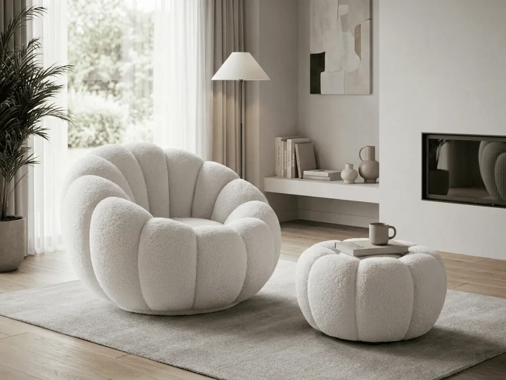 Forgatható design fotel BLOOM lábtartóval, fehér