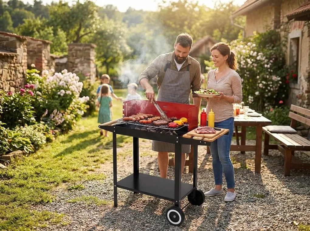 Kerti grill faszénnel BBQ 87x35 cm, fekete/piros