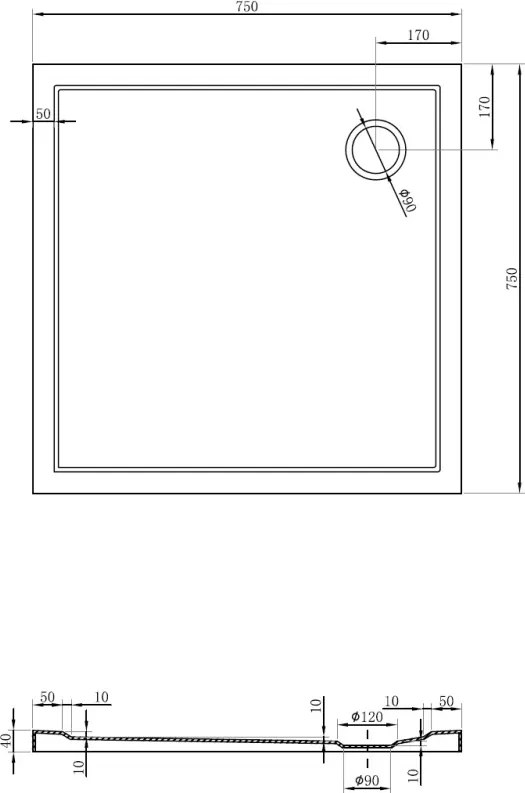 Mexen Flow slim szögletes zuhanytálca 75 x 75 cm, fényes fehér - 46S107575