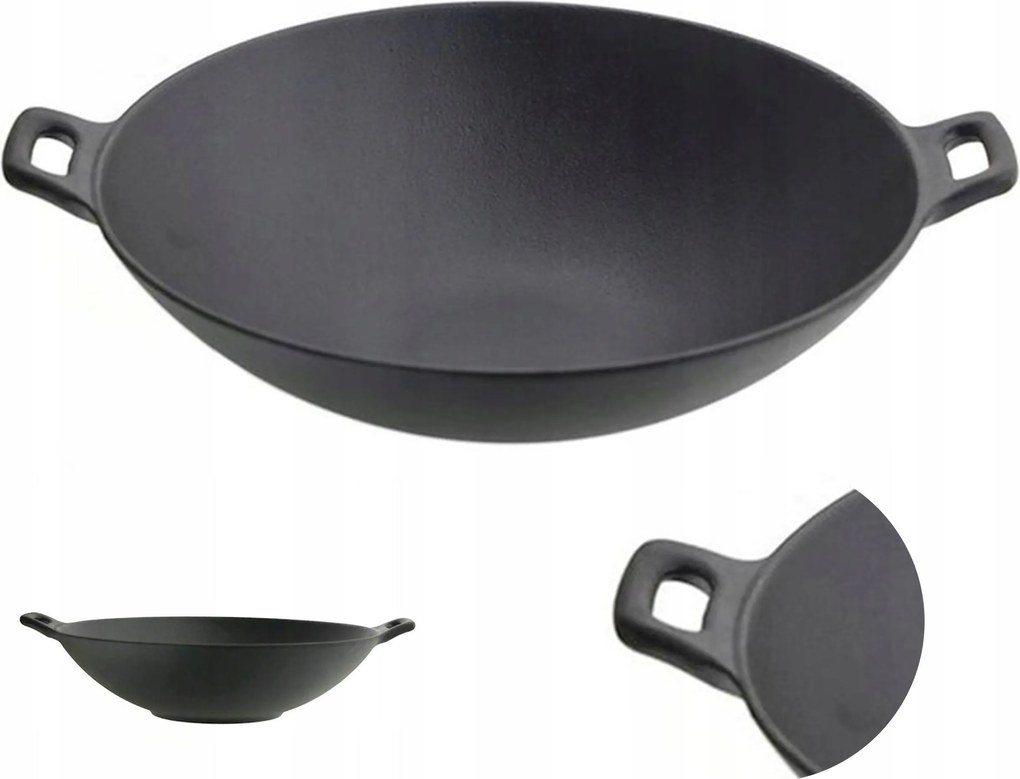 Öntöttvas Wok Serpenyő Nagy 36 cm Nehéz Öntöttvas Fekete Tömör