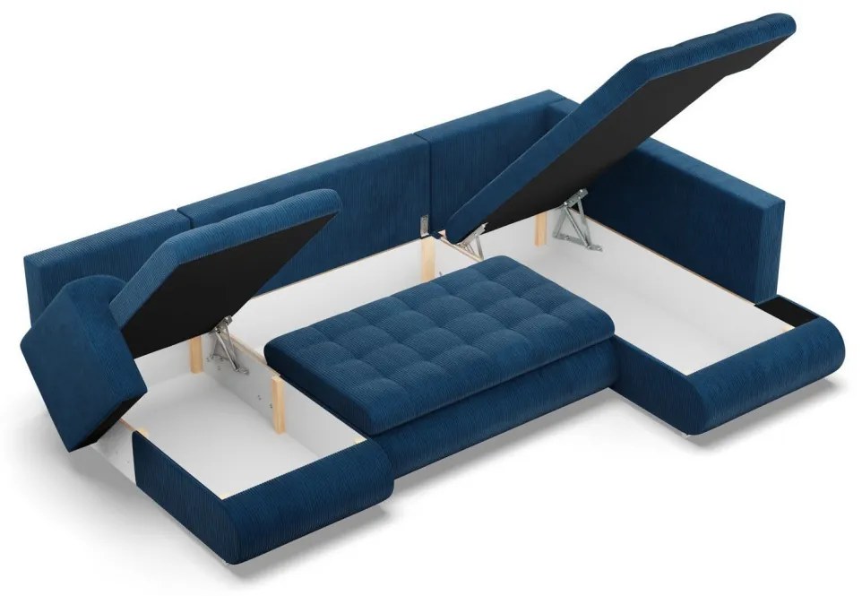 Tokio U sarokkanapé, 3 ágyneműtartóval, kordbársony, jobboldali, kék