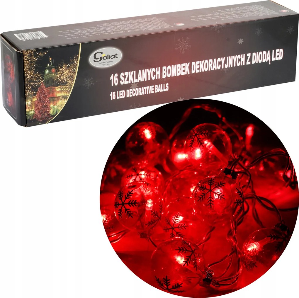 Karácsonyfa fényfüzér 16 led üveg gömbök piros