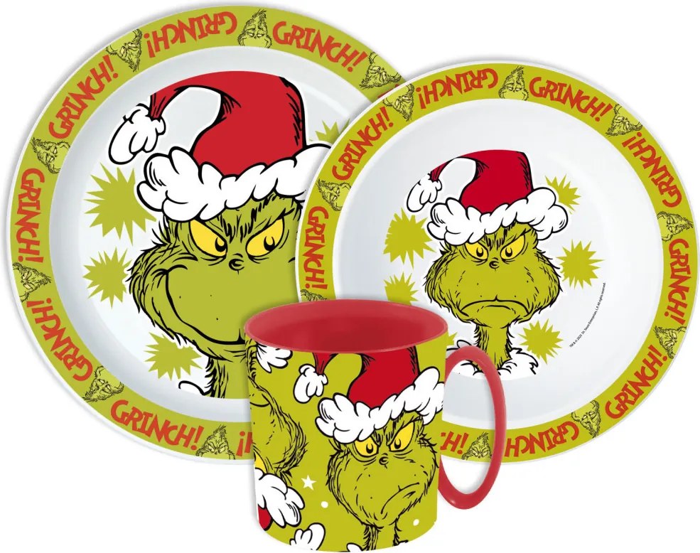 A Grincs Christmas Mischief étkészlet, micro műanyag szett bögrével 390 ml