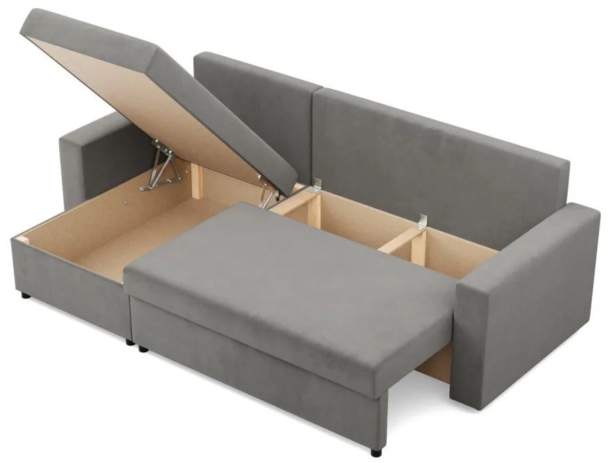 Zeus sarokkanapé, 2 ágyneműtartóval, egyenes kartámasz, bársony, univerzális oldal, hab töltet, világosszürke