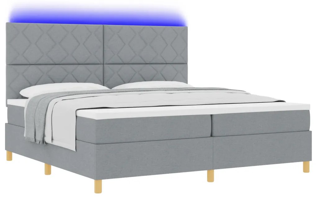 Box Spring Ágy Matrac és LED Fény Szürke 200x200 cm Szövet