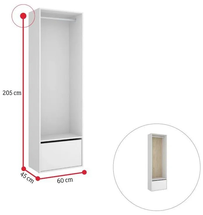 SUITA 5 nyitott szekrény, 60x205x45, fehér/természetes