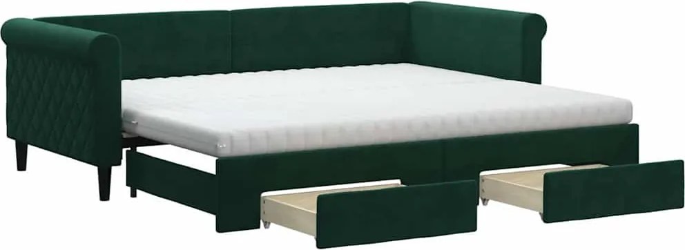 vidaXL sötétzöld kihúzható bársony heverő fiókkal 90 x 200 cm